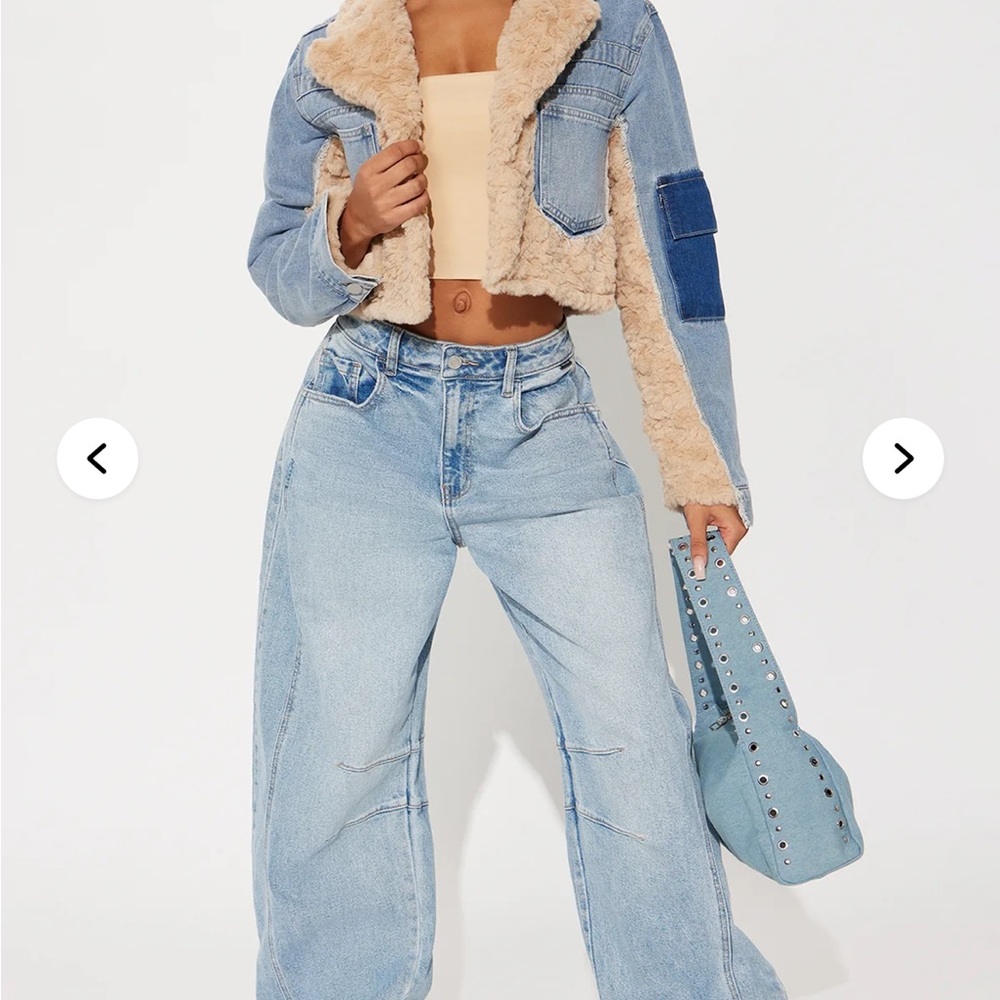 Fashion Nova Light Blue Denim Jacket with Tan Faux Fur - Picture 3 of 12